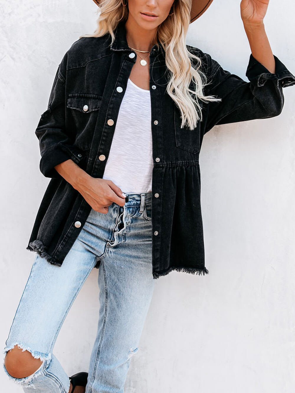 Distressed Denim Button Down Shirt Jacka