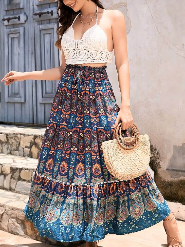 Bohemian Shirred ψηλόμεση φούστα σε καφέ