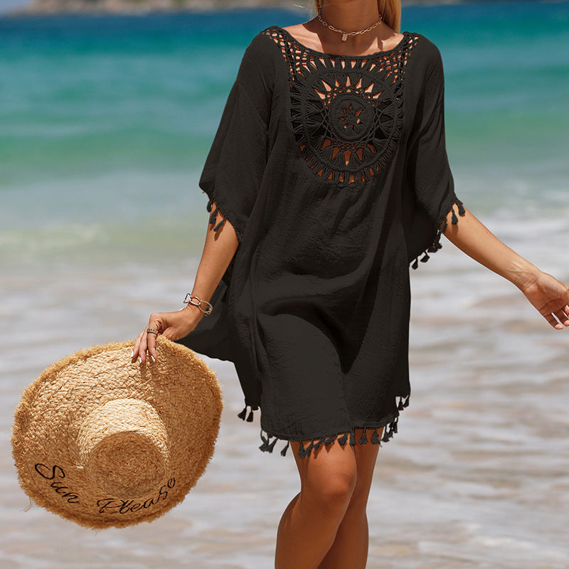 Blusa de playa de girasol con flecos sueltos de ganchillo a mano