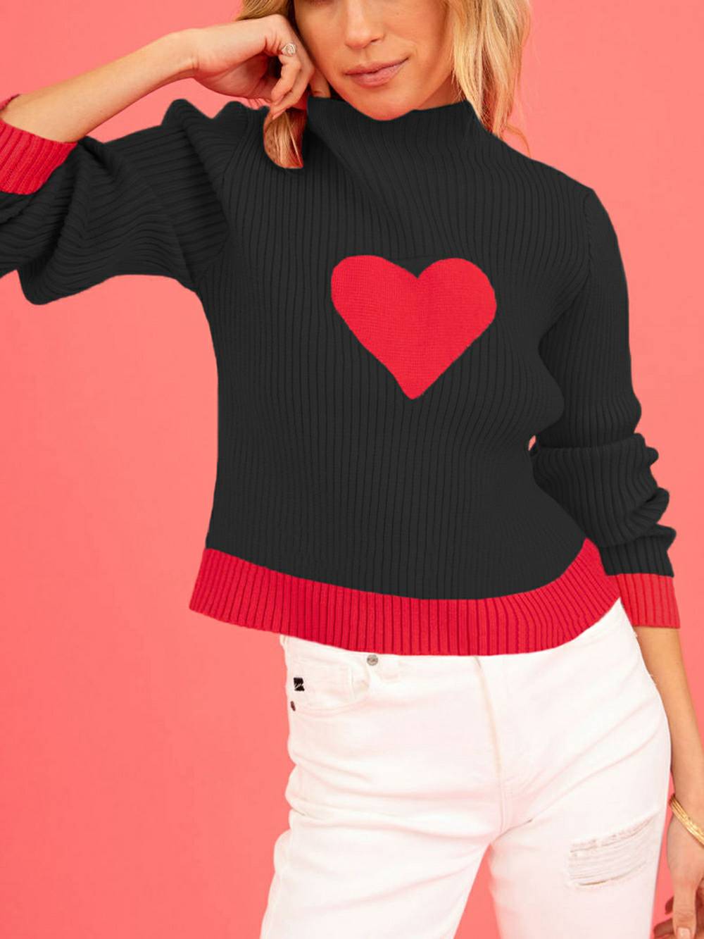 Maglione lavorato a maglia dolcevita con motivo a cuori di San Valentino