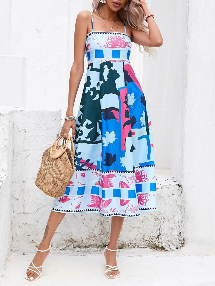 Patchwork Slip Midi Elbise: Soyut Renkli Baskılı
