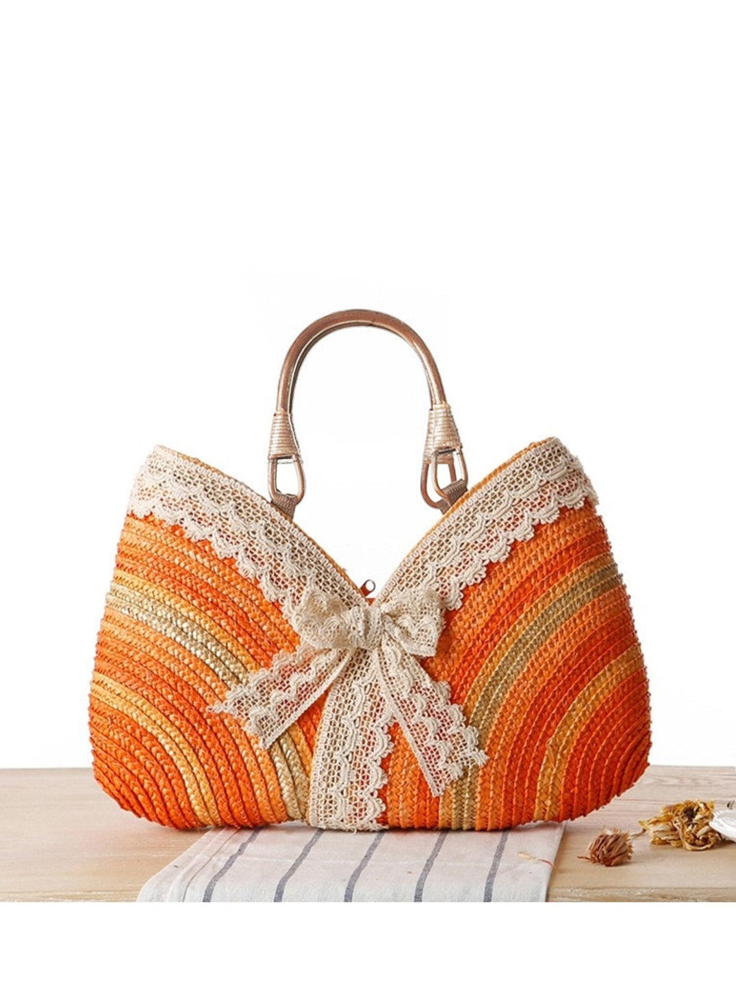 Bolso tote tejido con patchwork de encaje