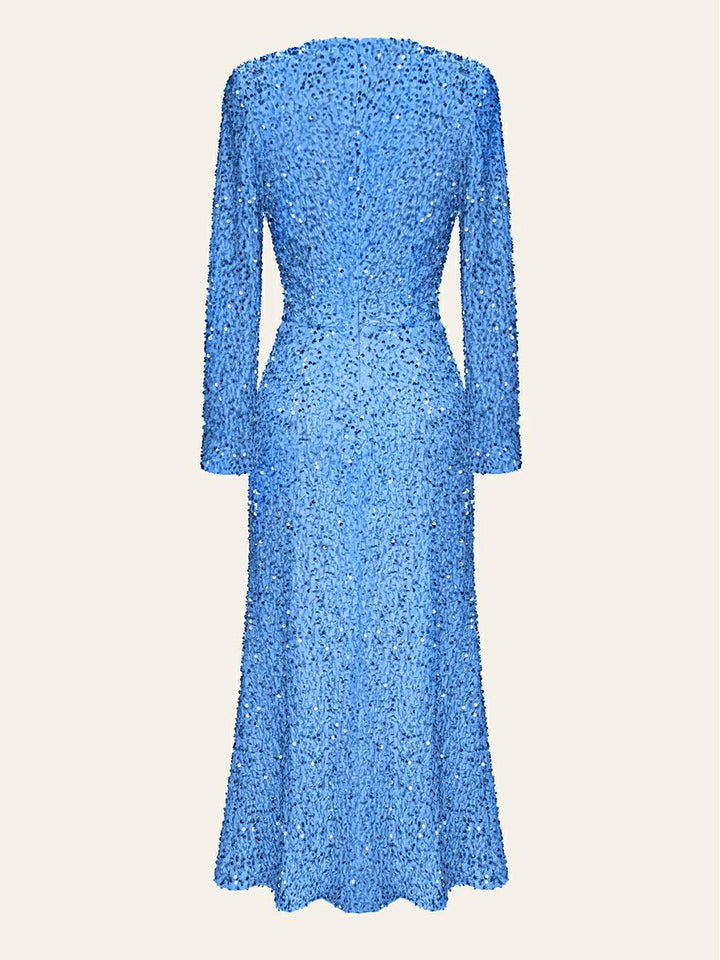 Mavi Payet Desenli Kadife Midi Elbise