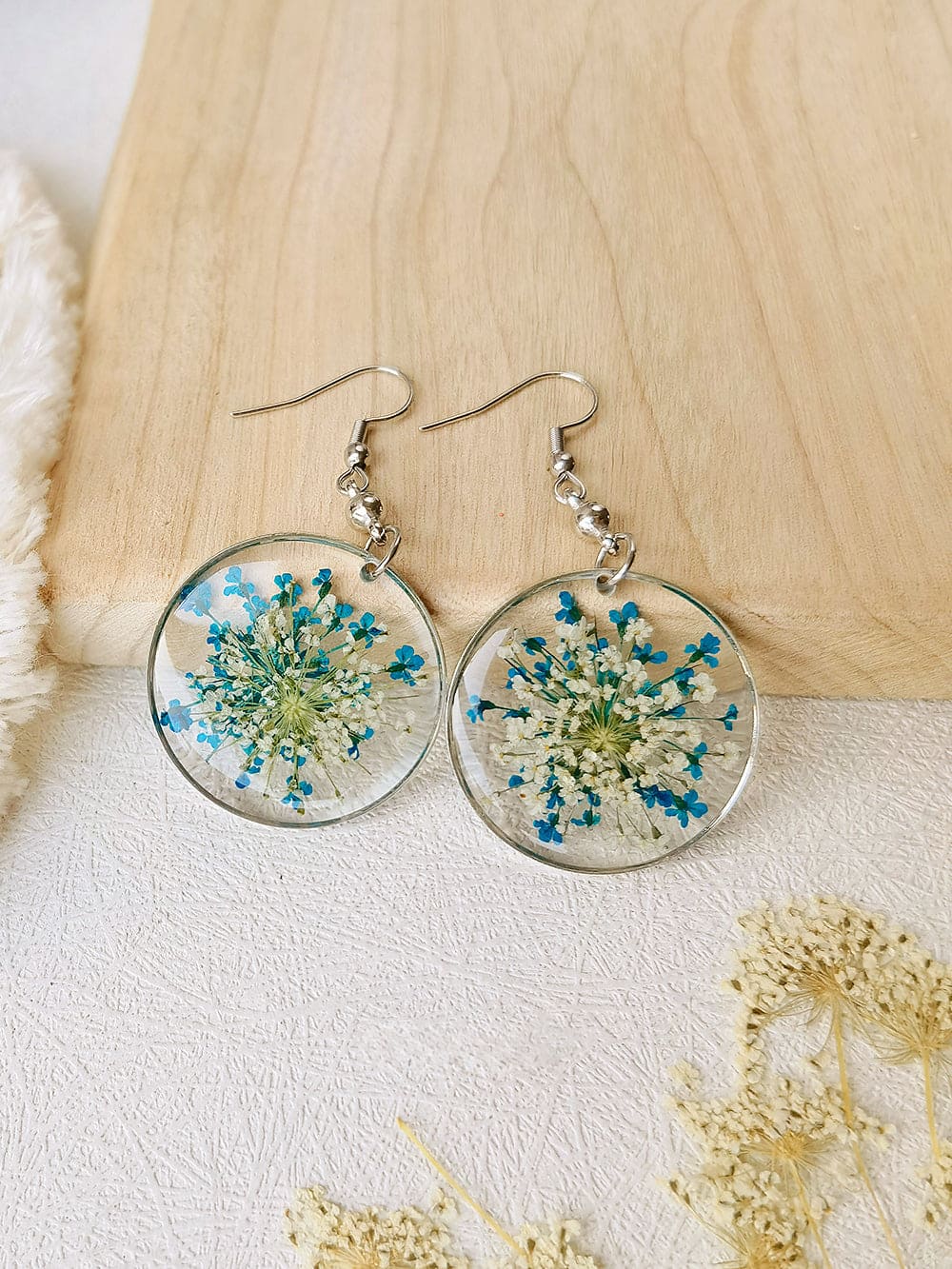 Forget Me Not Queen AnneLace Resin Pressed Flower Earrings