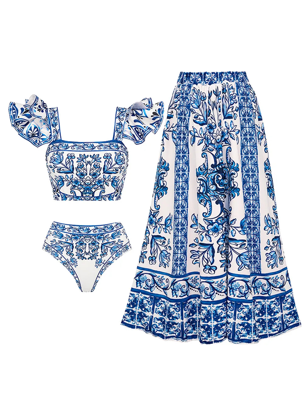 Bikini-badpak met majolica-print in blauw en wit porselein met ruches