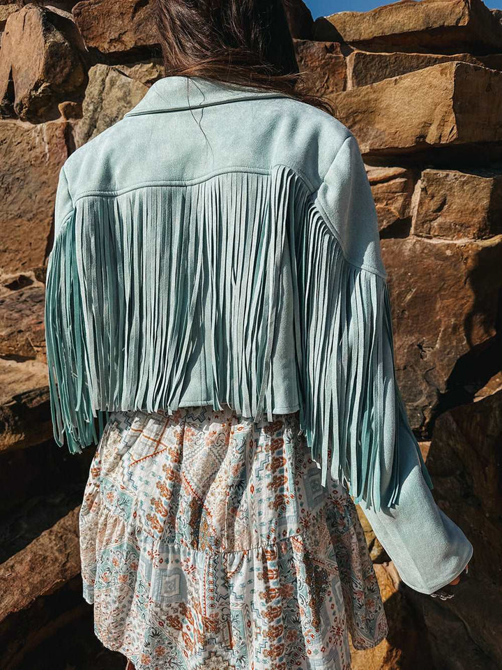 Baby Blue Fringe Leather Jacket