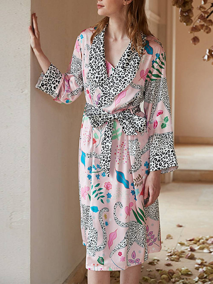 Dressing Pink Snow Leopard Silk Robe Sett