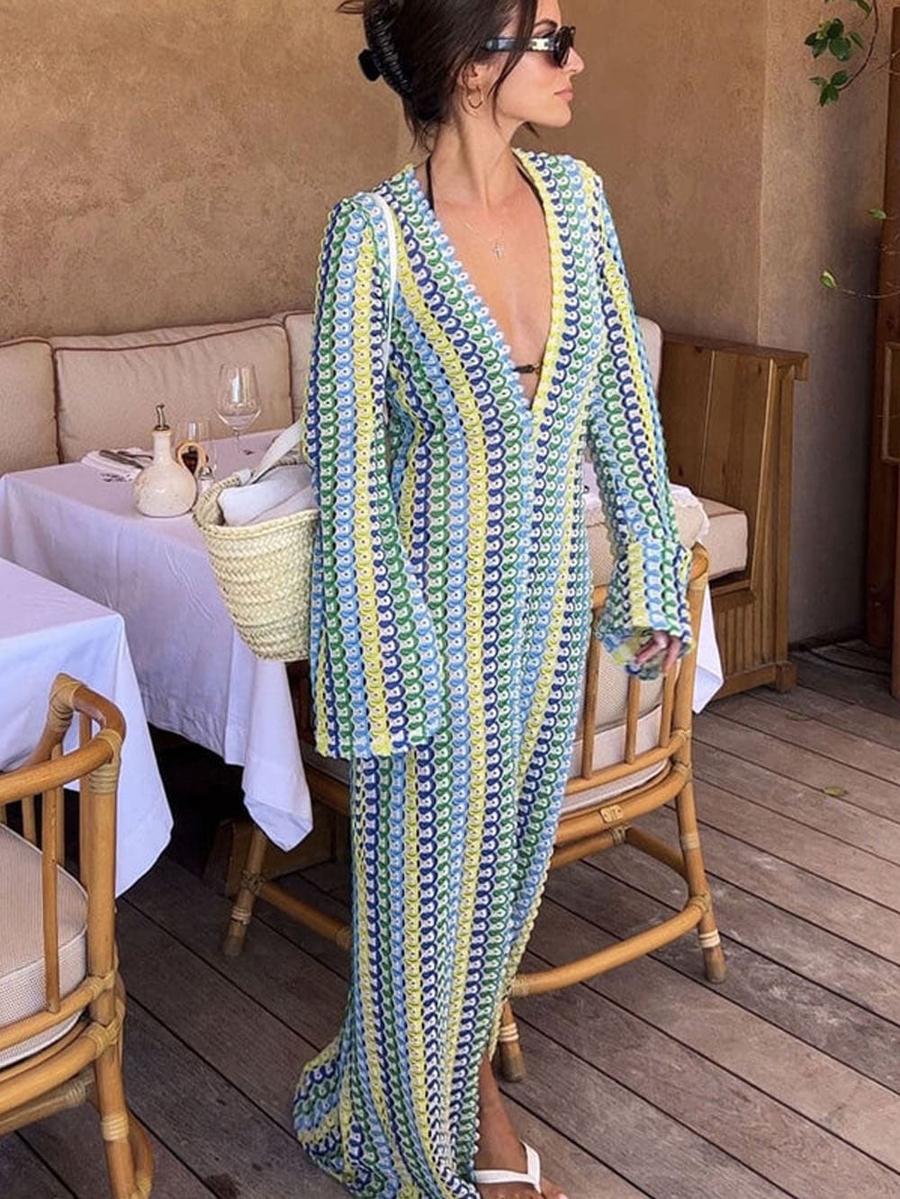 Robe Maxi Boho à Col en V et Manches Cloche Rayée Ondulée au Crochet pour Vacances de Plage - Jaune