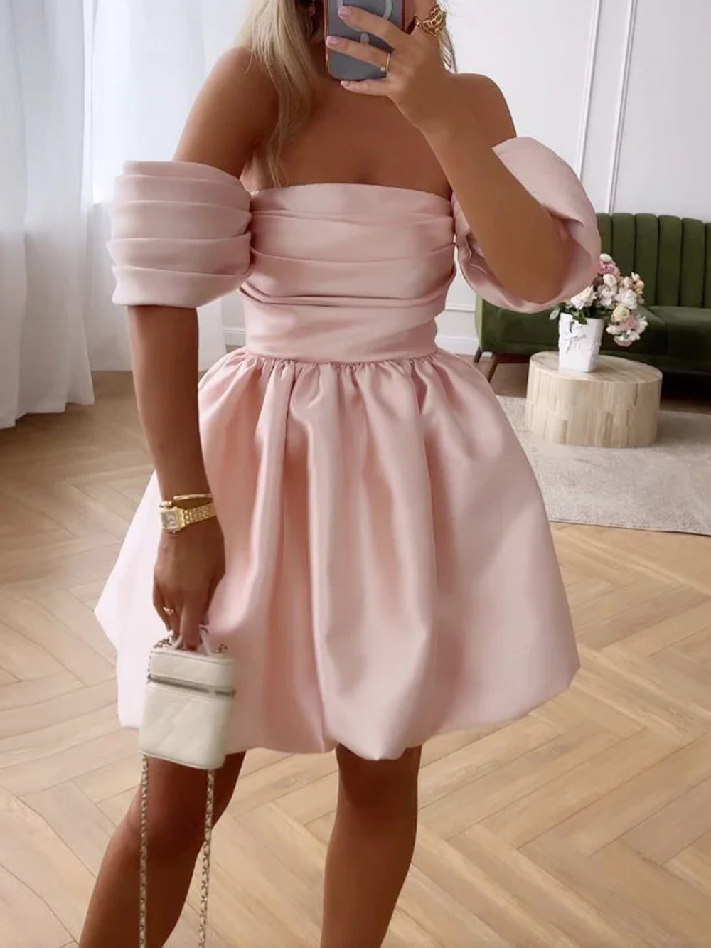 One Shoulder Puff Sleeve Solid Color Dress