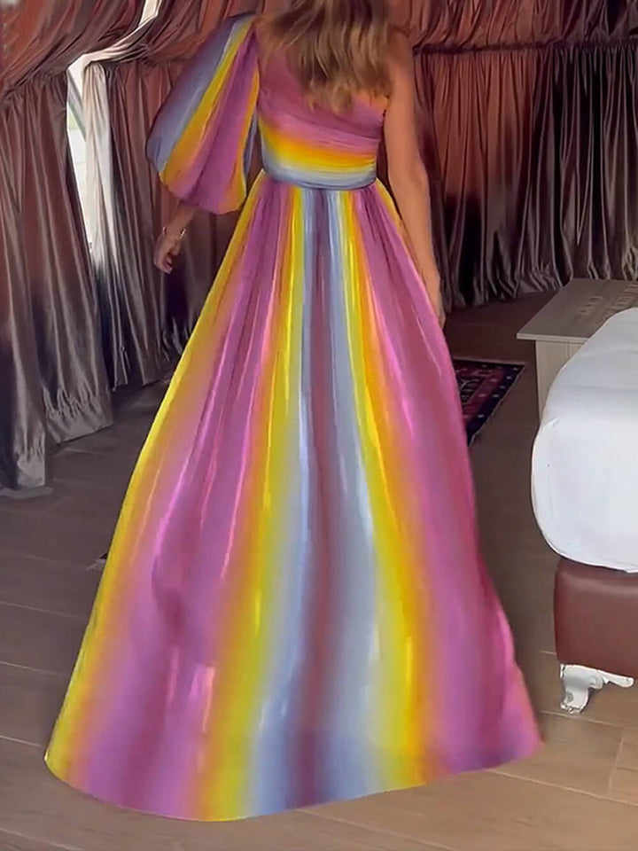 레인보우 프린트 오프숄더 맥시 드레스