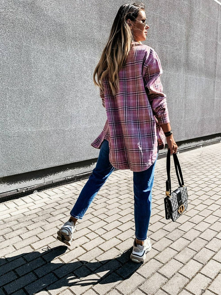 Veste cardigan décontractée en laine brossée à carreaux