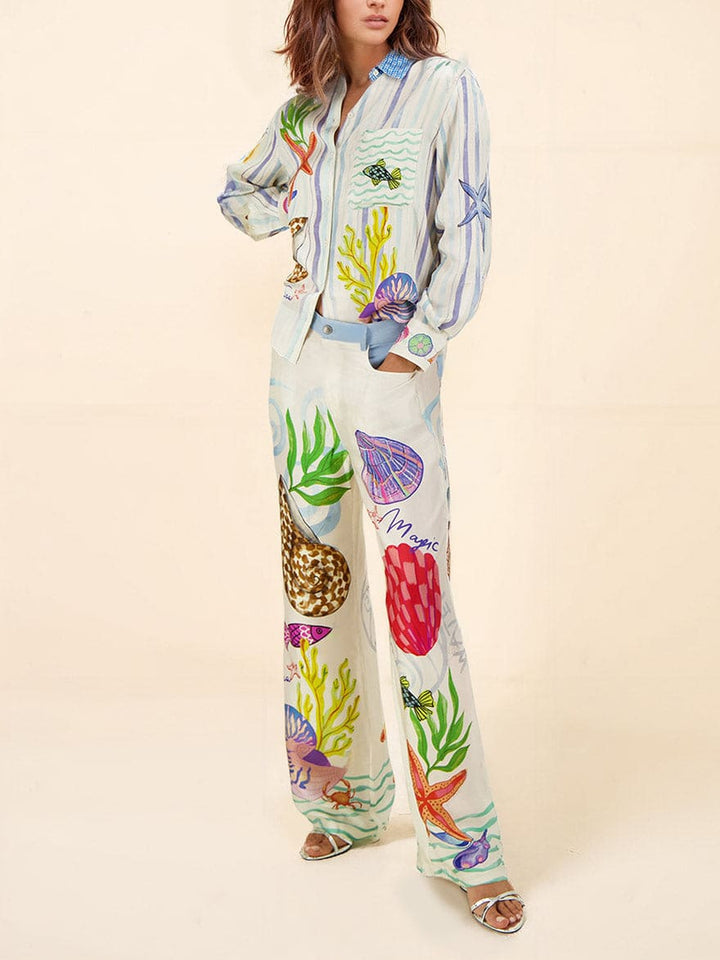 Ocean Theme Print Long Sleeve Collared Pant Set