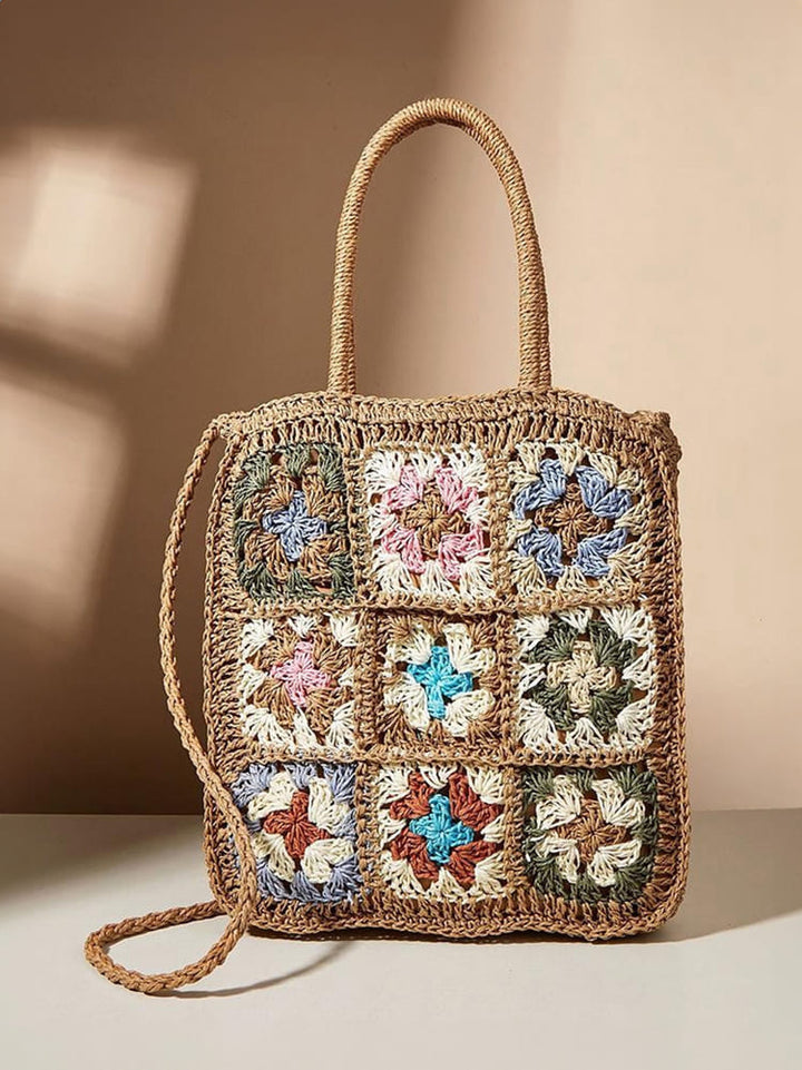 Bolso de paja tejido con flores de colores