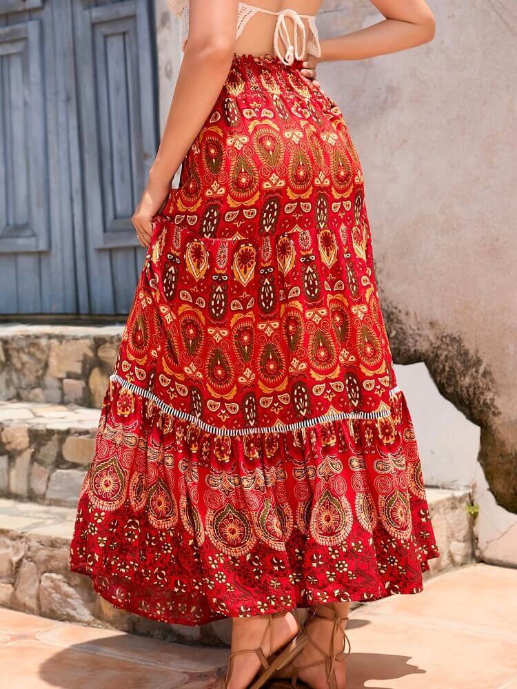 Bohemian Shirred ψηλόμεση φούστα σε κόκκινο χρώμα