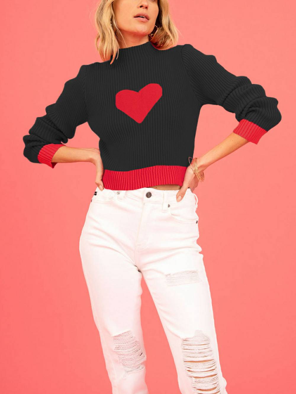 Maglione lavorato a maglia dolcevita con motivo a cuori di San Valentino