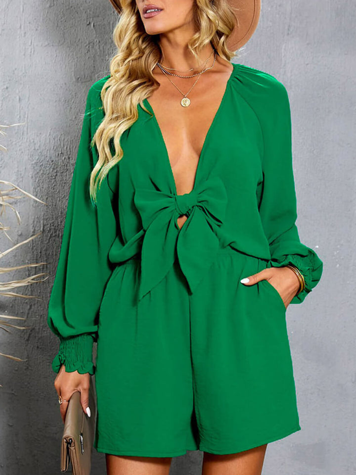 Tied Flounce Sleeve Plunge Front Tie Romper