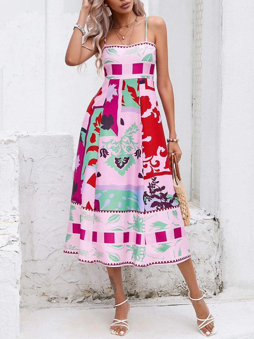 Patchwork Slip Midi-kjole: Abstrakt fargerikt trykt