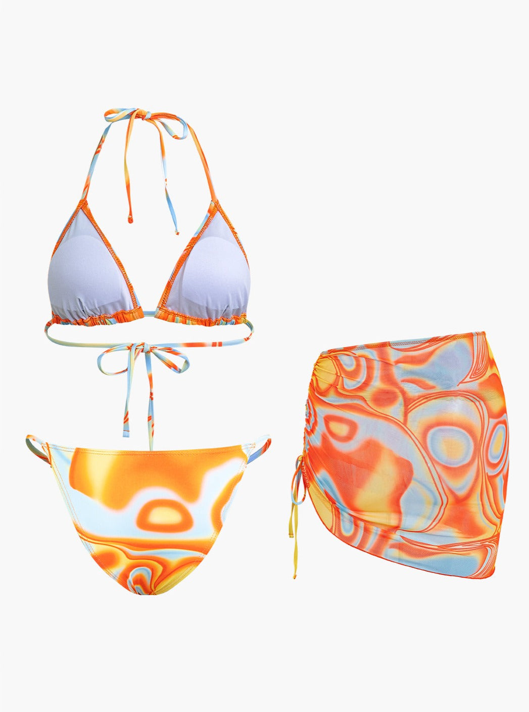 Ensembles 3 pièces bikini dos nu à imprimé abstrait