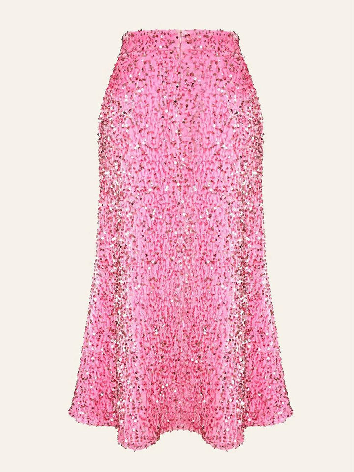 تنورة مخملية مزينة بالترتر باللون الوردي