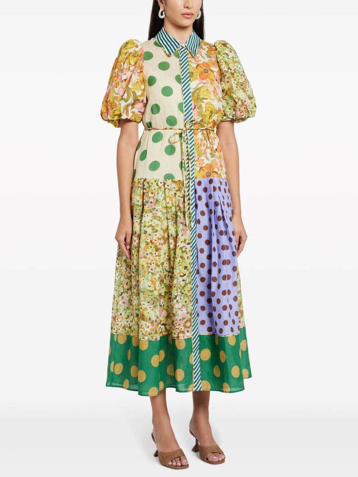 Exquisite Retro Floral Print Puff Sleeve Midi Dress