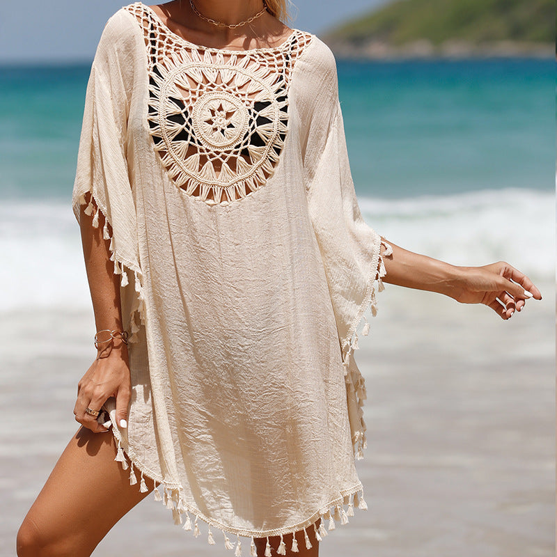 Hand Crochet loose Fringe Sunflower Beach Blouse Cover Up