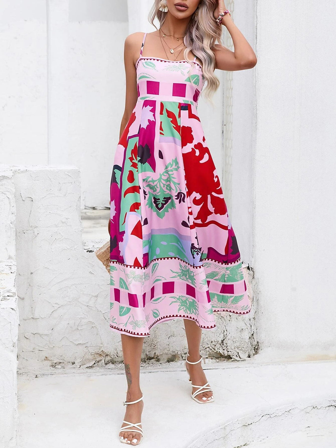Patchwork Slip Midi-klänning: Abstrakt färgglad tryckt