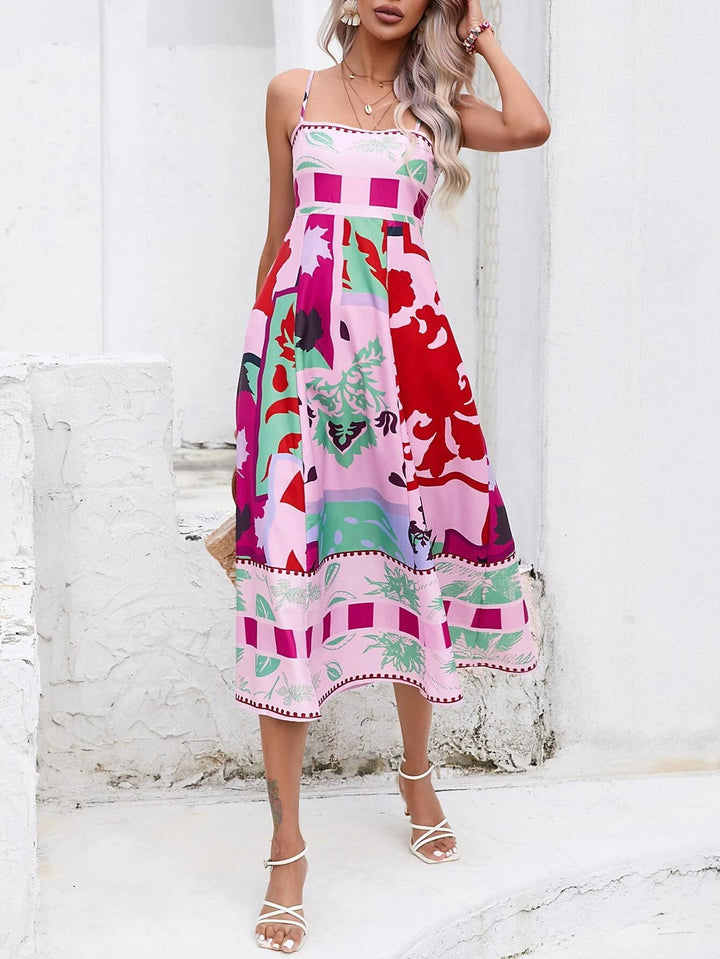 Patchworkowa sukienka midi z halką: abstrakcyjny kolorowy nadruk