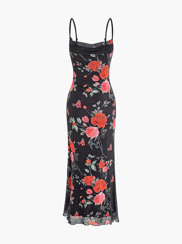 فستان ماكسي بطبعات زهور وحمالات سباغيتي شبكية