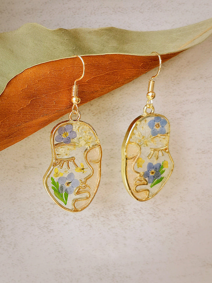 Boucles d’oreilles à fleurs pressées -Visage abstrait Forget Me Not Flower