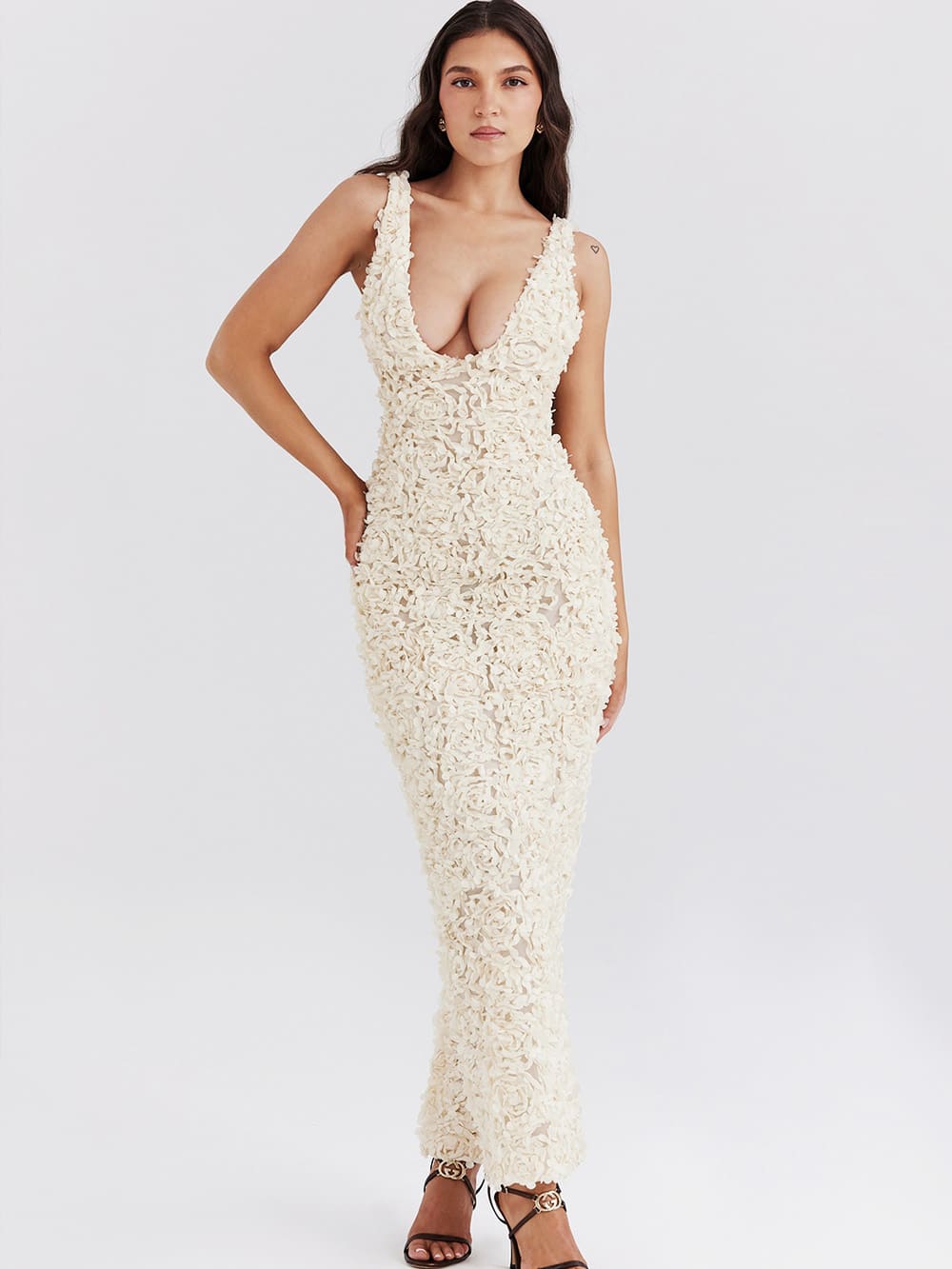 Cream Plunge Floral Applique Maxi Dress-Carena