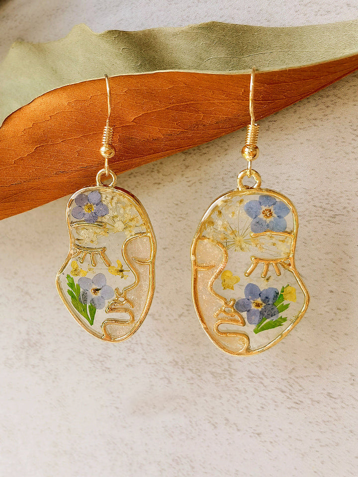 Boucles d’oreilles à fleurs pressées -Visage abstrait Forget Me Not Flower