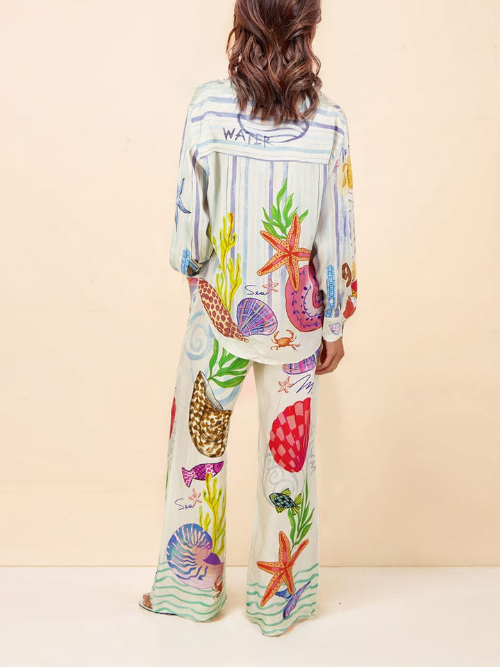 Ocean Theme Print Long Sleeve Collared Pant Set