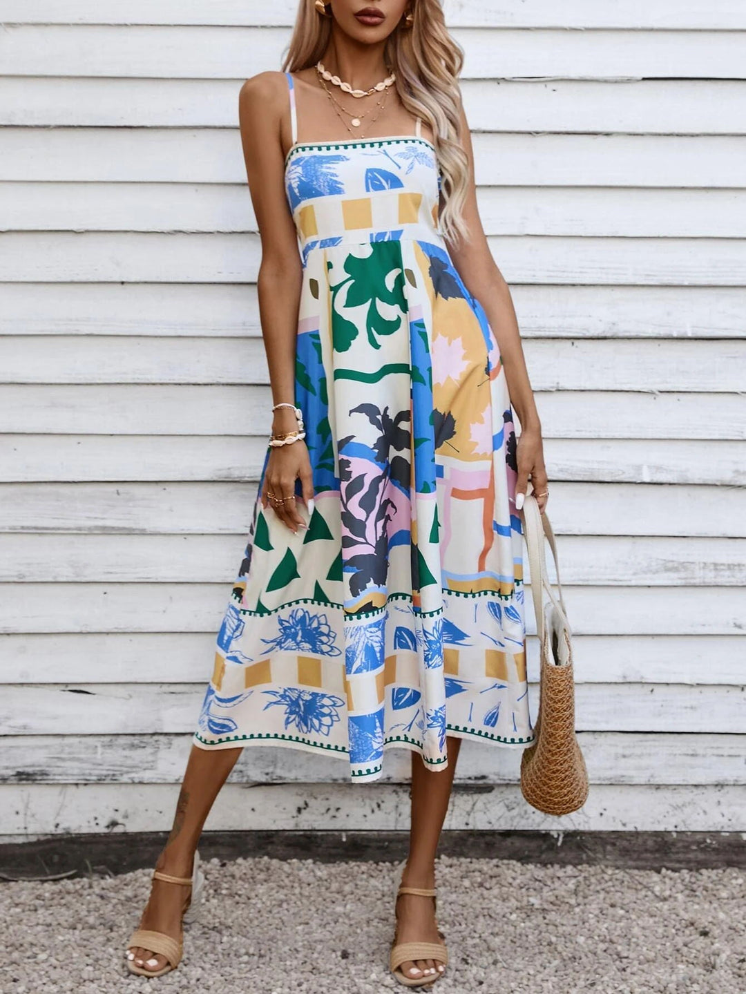 Patchwork Slip Midi Elbise: Soyut Renkli Baskılı