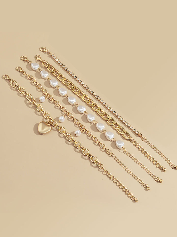 Metal Chain and Pearl Layered Bracelet Set