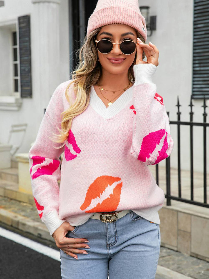 Lips of Love V-Neck Knit Pullover Pullover