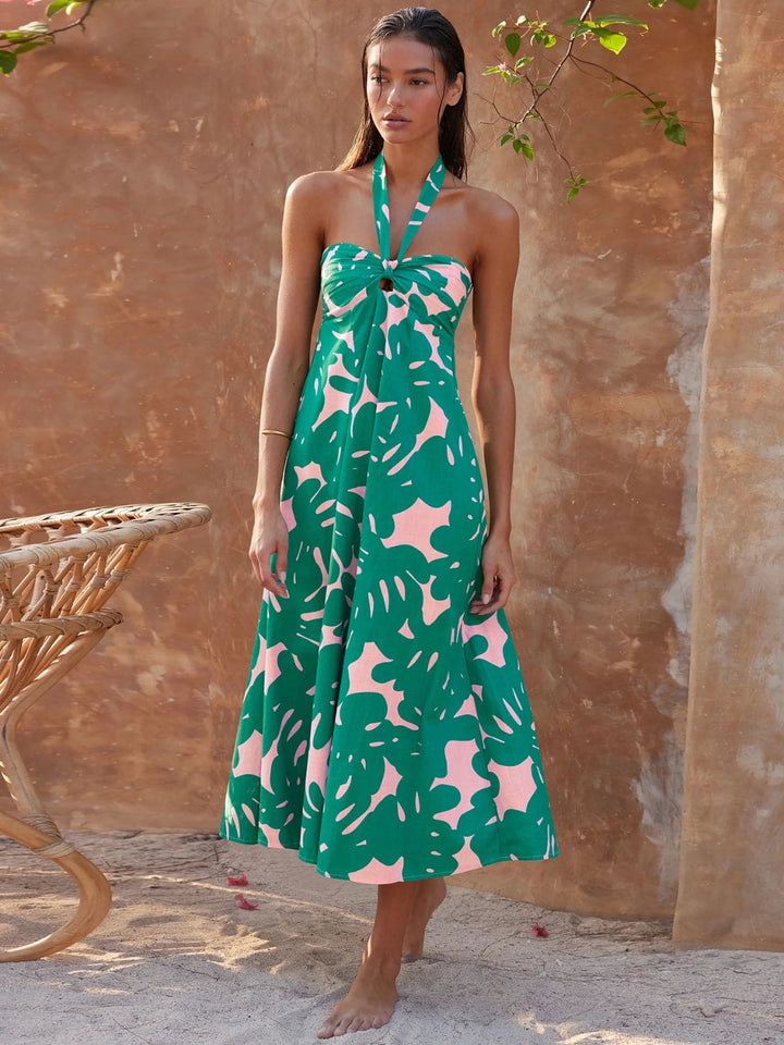 שמלת מקסי הלטר הדפס לוראל-ירוק