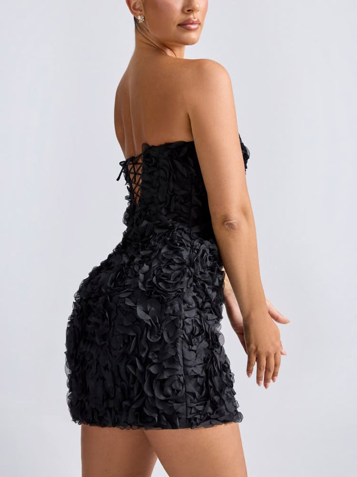 Bandeau-a-lijn mini-jurk met bloemenapplicaties in zwart