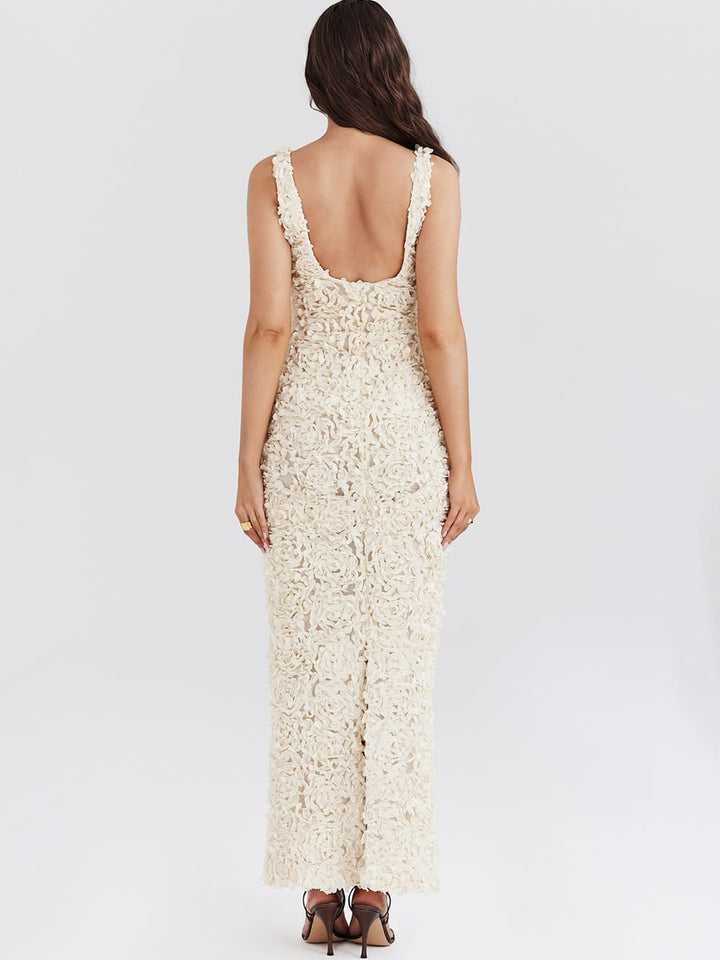 Creme Plunge Floral Appliqué Maxi Dress-Carena