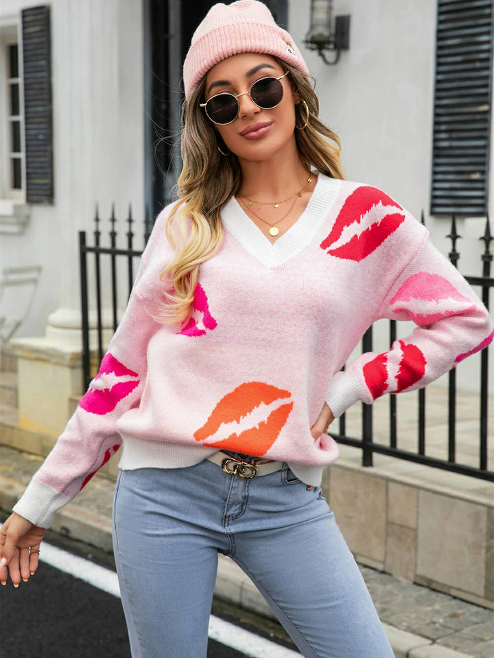 Lips of Love V-Neck Knit Pullover Pullover