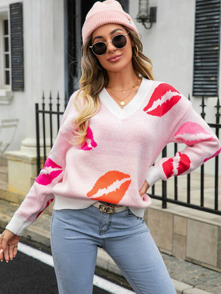 Pull en tricot à col en V Lips of Love