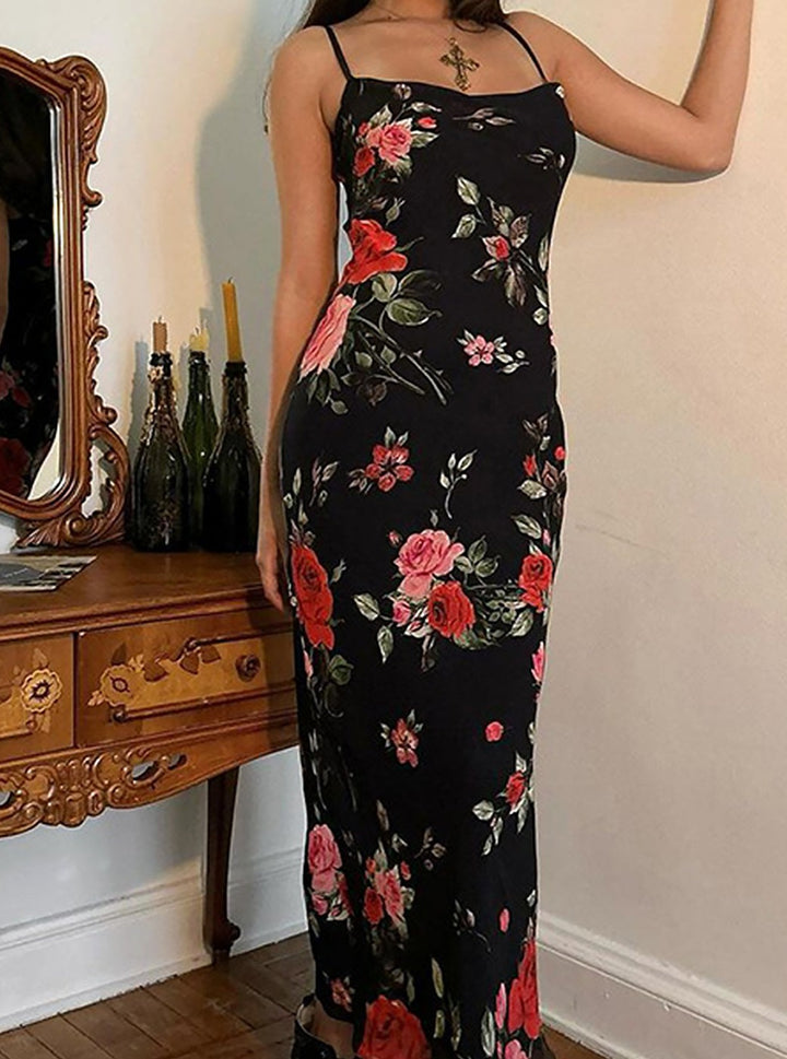 Maxi-jurk van mesh met bloemenprint en spaghettibandjes