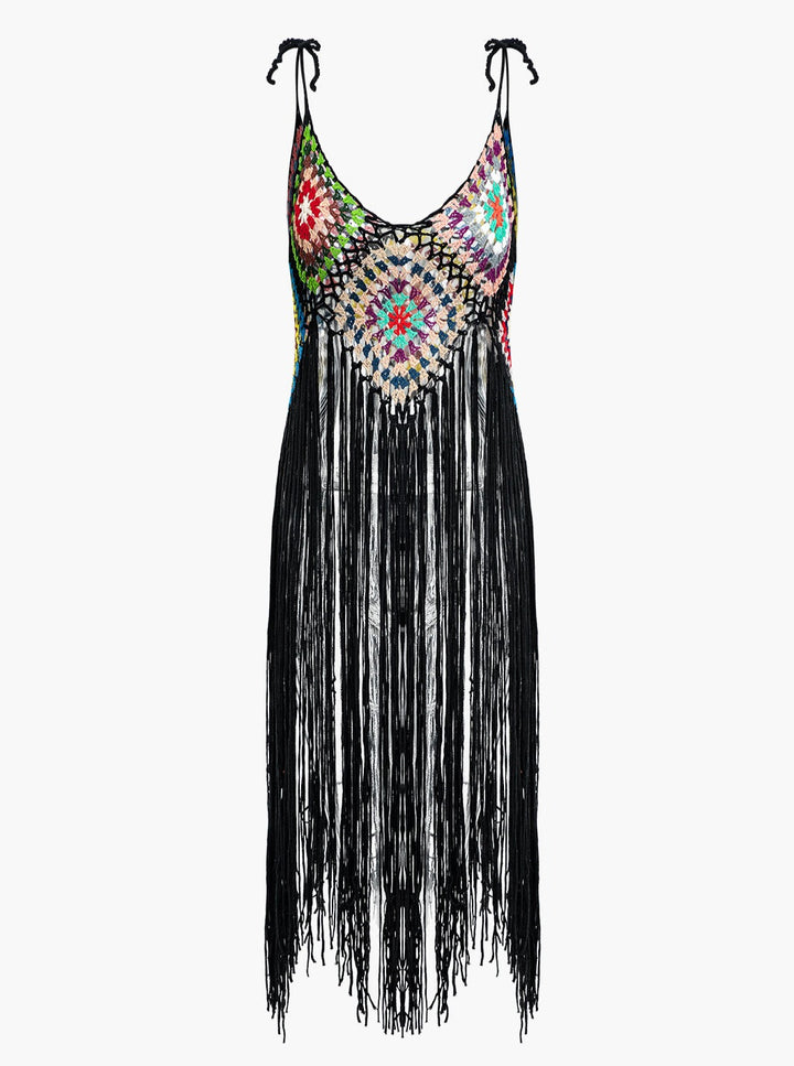 Rainbow Square Muster Fringe Crochet Knit Cami Top