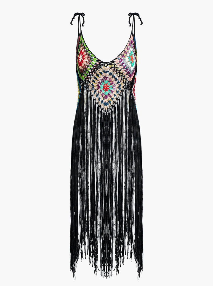 Rainbow Square Muster Fringe Crochet Knit Cami Top