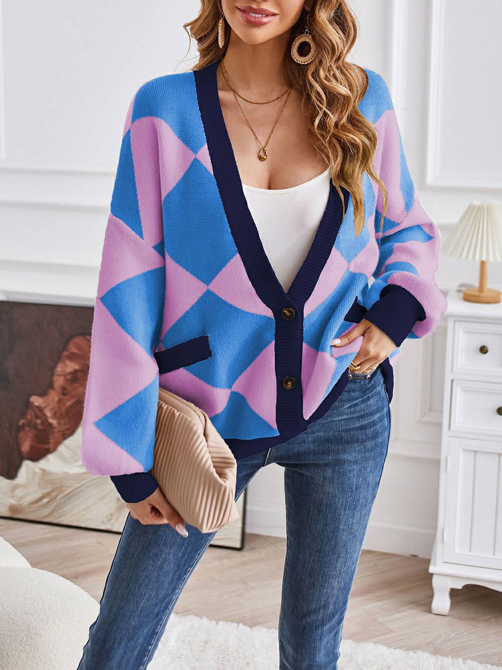 V-hals geometrisk farveblok strik cardigan