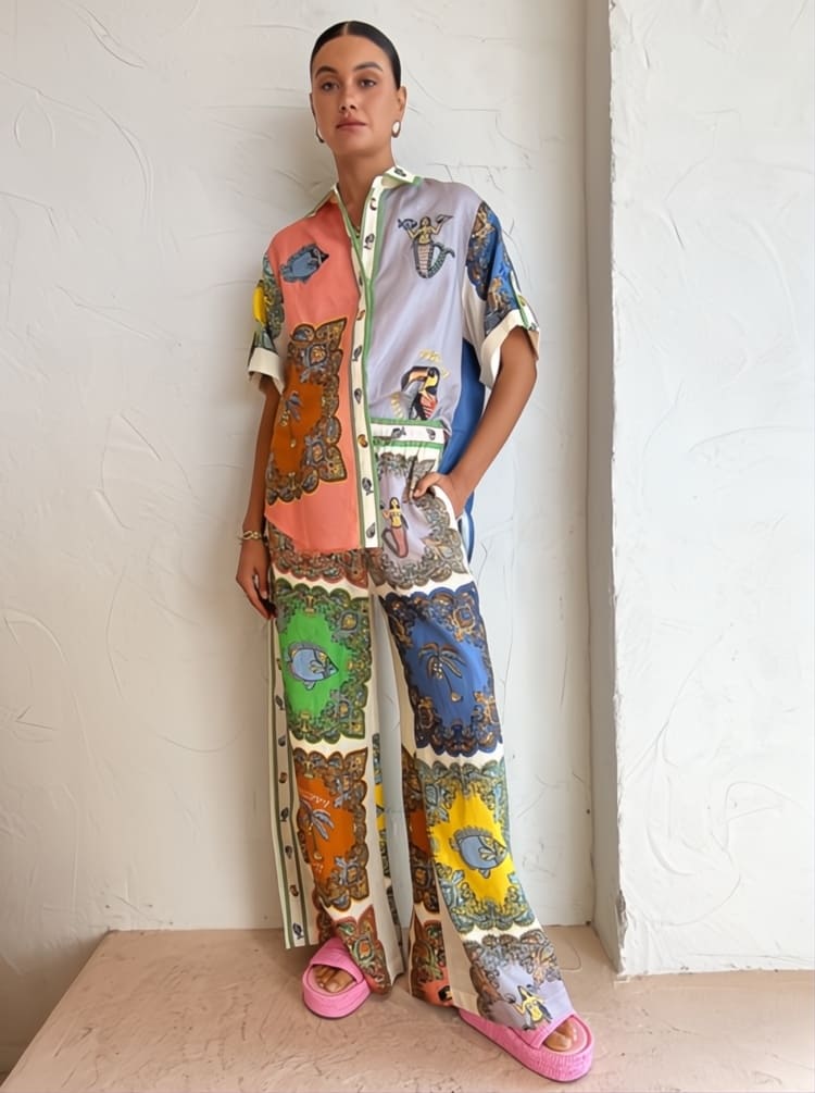 Hosenset aus Satin mit weitem Bein und Paisley-Muster und Blumenmuster