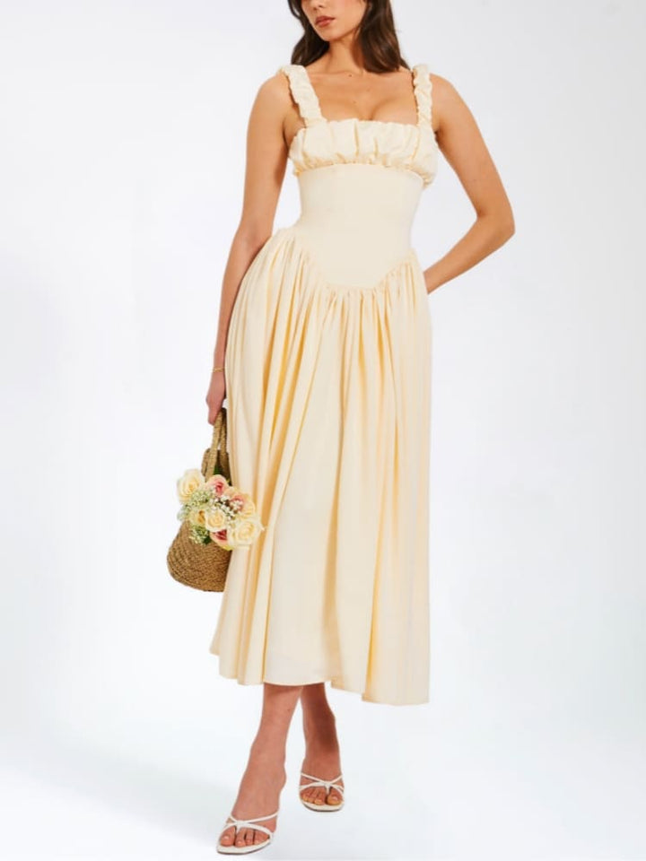 Noreen Pleated Strap Puffy Maxi Kleed