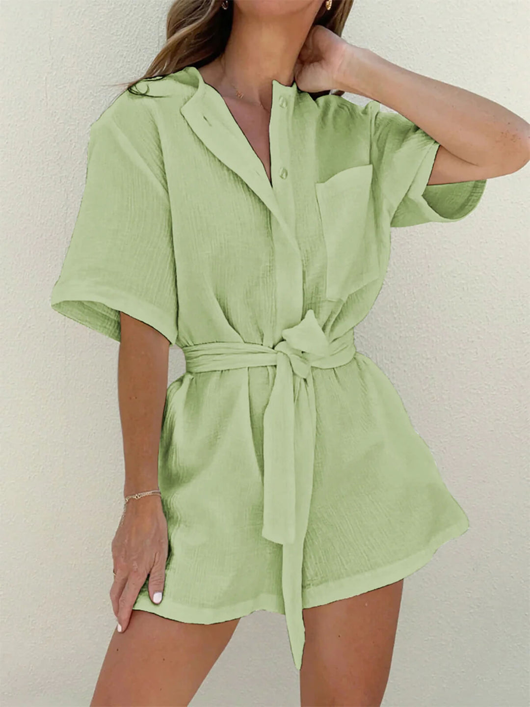 Texturerad Cargo Belted Linne Romper