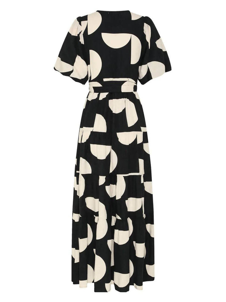 퍼프 슬리브 V-넥 기하학 프린트 맥시 드레스