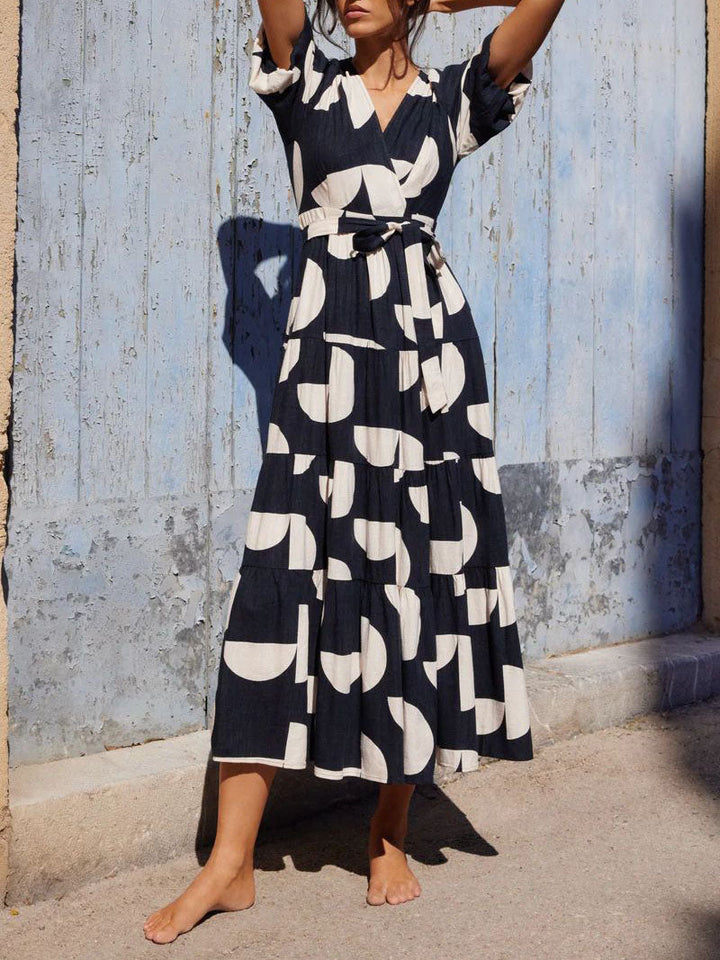 퍼프 슬리브 V-넥 기하학 프린트 맥시 드레스
