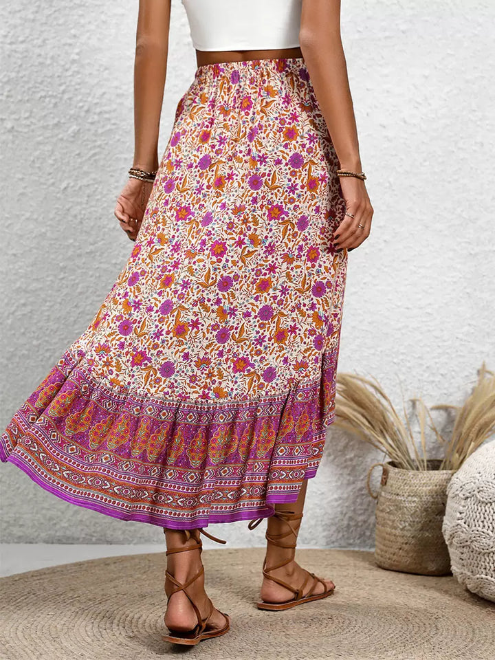 Bohemian Röcke Rose Asymmetresch Natural Taille Viskos Elegant Mëtt-Kälberlängt Bunnen